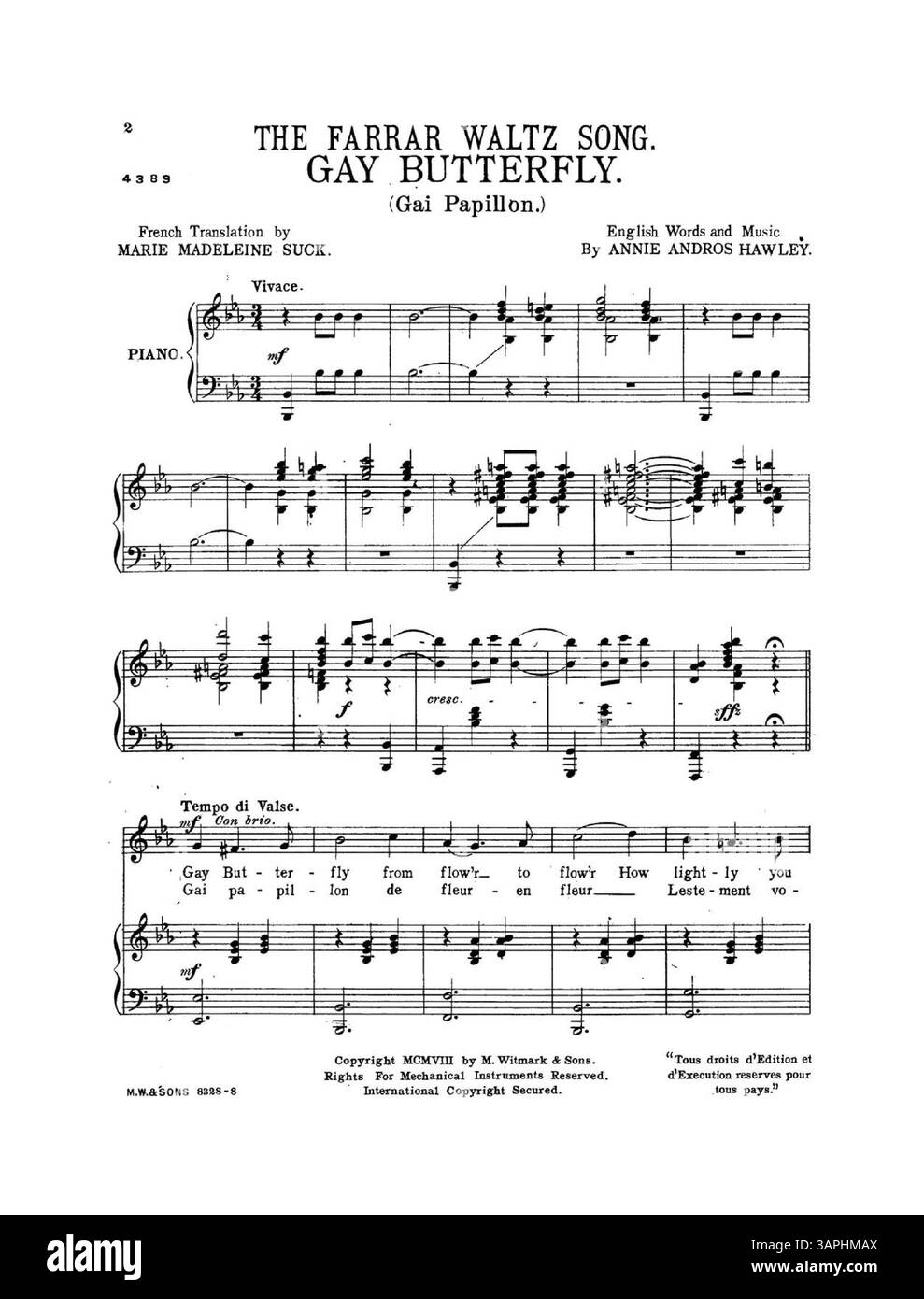 La chanson Gay Butterfly comprend une grande publicité de couverture pour Somebody Loves You Dear d'Annie Andros Hawley. Il comporte la plaque numéro 8828, chantée par Miss Geraldine Farrar, et une traduction française de Marie Madeleine Suck. Banque D'Images