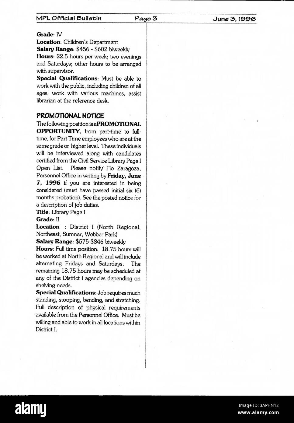 Le bulletin hebdomadaire de 1996 à l'intention des employés de la Bibliothèque publique de Minneapolis fournit des mises à jour importantes, des annonces et des renseignements pertinents pour que les membres du personnel se tiennent informés des opérations et des activités de la bibliothèque. Banque D'Images