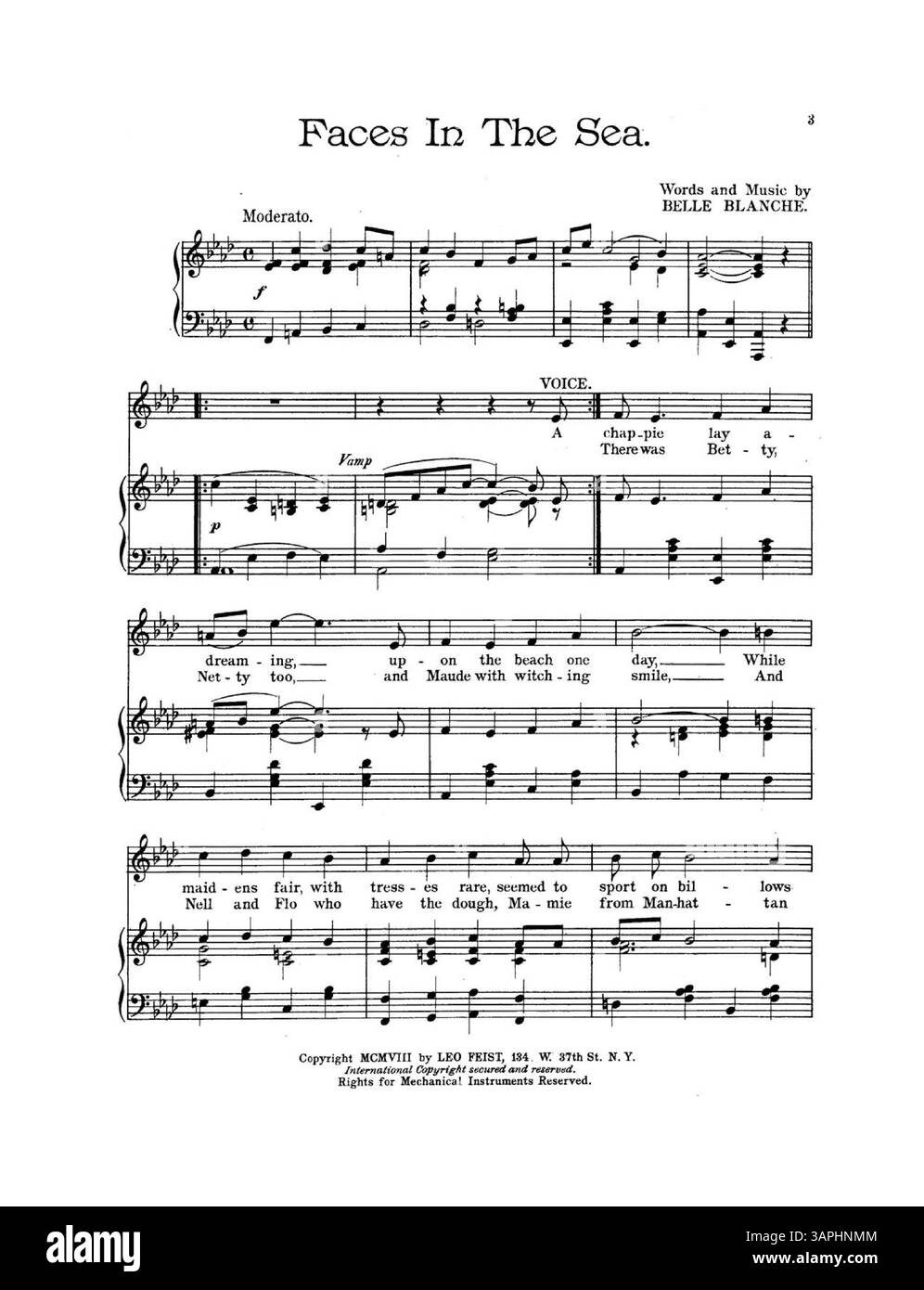 "Faces in the Sea" est une nouvelle chanson de belle Blanche. La couverture comprend des paroles et de la musique de Blanche. La première page de la couverture intérieure contient la première page de musique pour 'Senora', et la dernière de la couverture annonce 'In Woodland' avec la musique pour sa première page. Banque D'Images "Faces in the Sea" est une nouvelle chanson de belle Blanche. La couverture comprend des paroles et de la musique de Blanche. La première page de la couverture intérieure contient la première page de musique pour 'Senora', et la dernière de la couverture annonce 'In Woodland' avec la musique pour sa première page. Banque D'Images