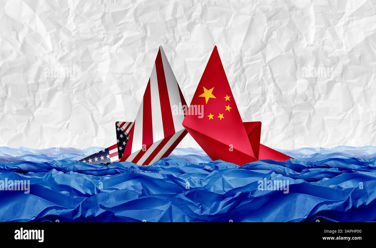 Chine Guerre commerciale américaine comme les droits de douane des États-Unis avec deux navires de fret en papier origami opposés comme un différend tarifaire économique sur les importations et les exportations. Banque D'Images