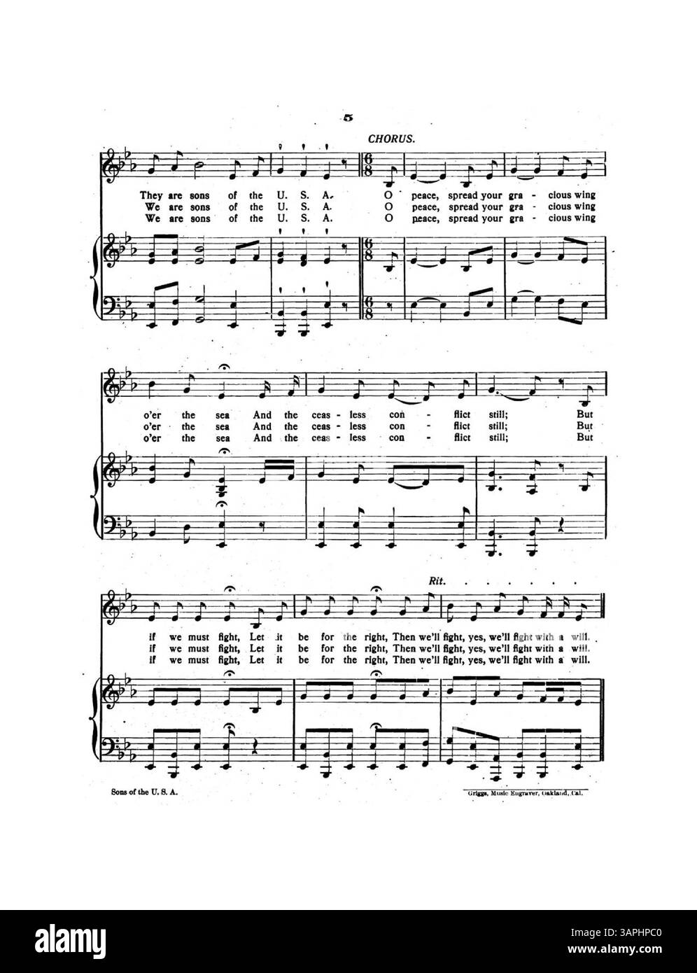 La partition de sons of the U.S.A. comprend de la musique et des paroles d'Ella Van Fossen. Le contre-amiral Charles M. Thomas, USN., a approuvé la chanson pour son patriotisme. La couverture comprend une lettre de Thomas, datée du 3 mai 1908. La couleur de l'image numérique peut différer de celle de l'original et les services musicaux peuvent fournir des annotations. Banque D'Images
