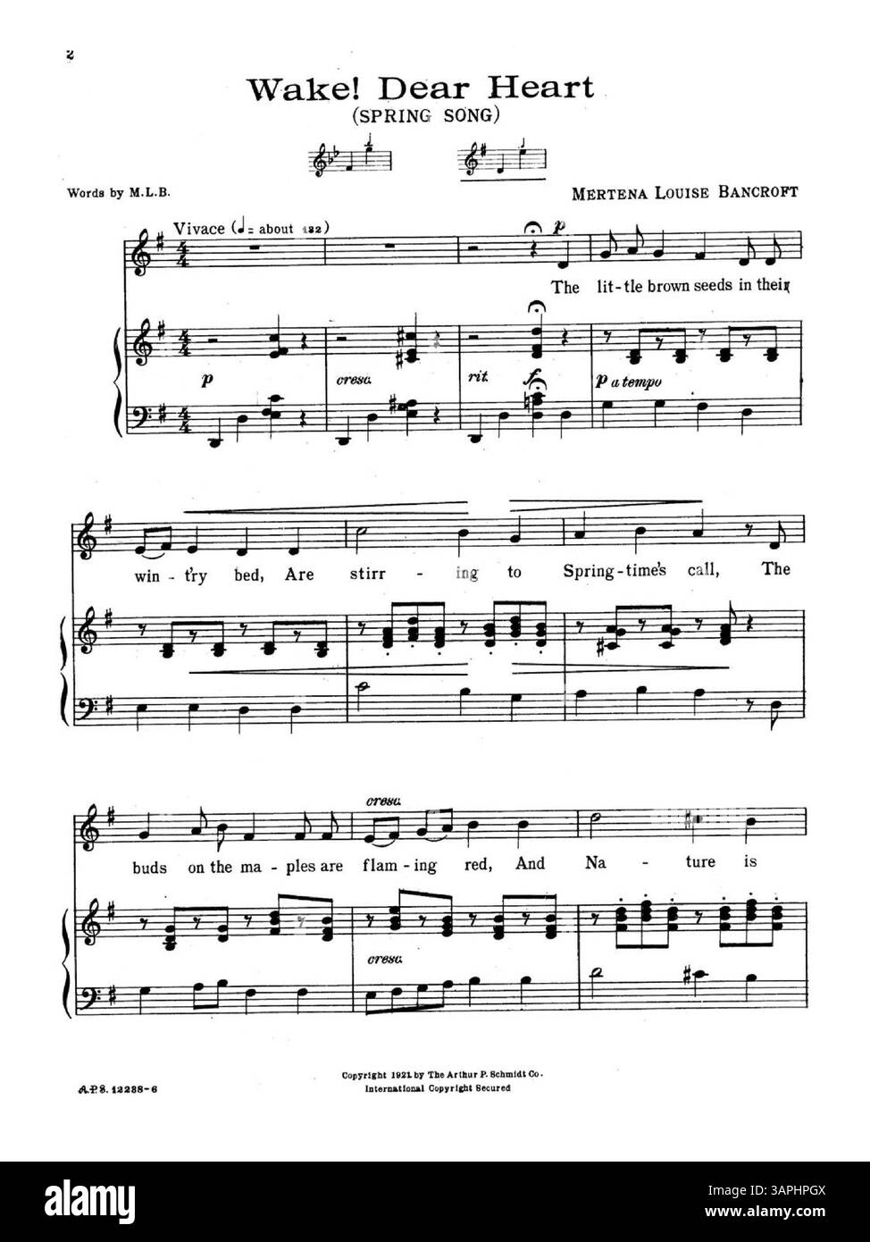 Cette partition professionnelle est pour plusieurs gammes vocales (Soprano, Mezzo-Soprano, ténor ou baryton), avec le numéro de plaque A.P.S. 12288-6. La couverture arrière annonce 'Lyric Francy/A Selection of Songs by American Composers'. Banque D'Images