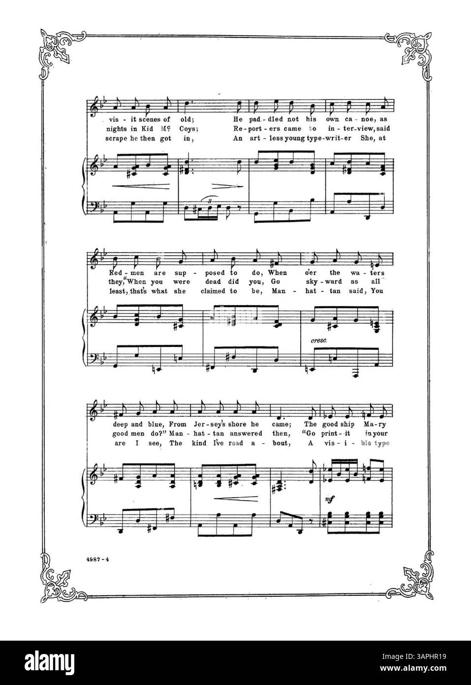 Old Man Manhattan est une pochette de partition présentée par Chas. J. Ross dans la production de Sam S. et Lee Shubert 'The social Whirl'. La couverture présente une bordure à double ligne avec des coins décoratifs et comprend un extrait musical de "When the Evening Breeze is Sighing Home Sweet Home" au dos. Numéro de plaque : 4987. Banque D'Images