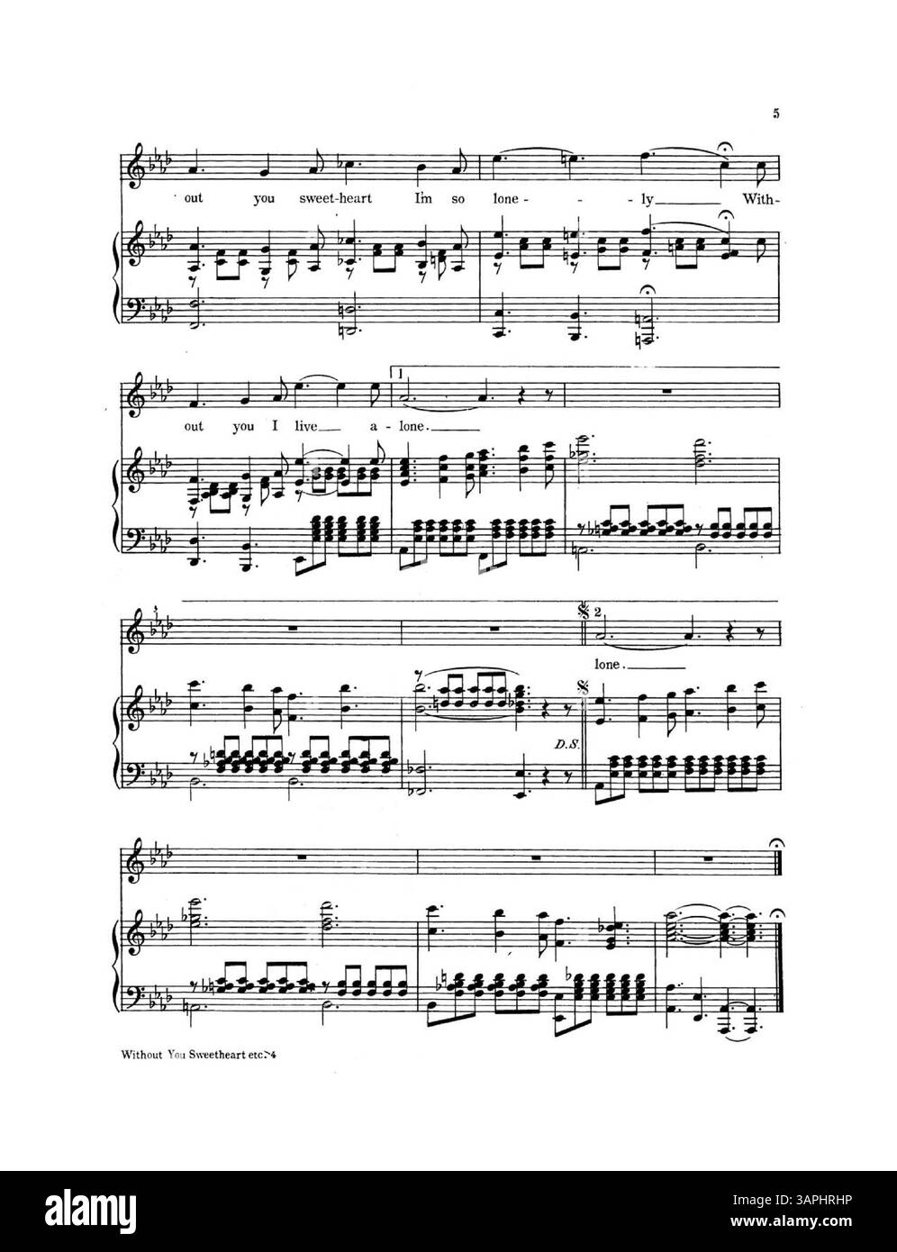 Cette pièce musicale présente un thème mélancolique de solitude. La couverture arrière comprend une publicité pour des chansons de salon et de concert, présentant un design Art Nouveau, un style caractérisé par des lignes fluides et des formes organiques. Banque D'Images