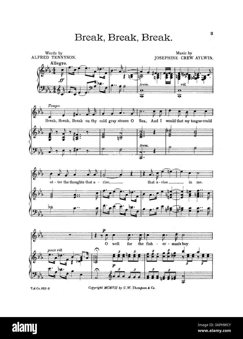 Cette partition comprend Break, Break, Break, Break, Break, une chanson d'Alfred Tennyson avec une musique de Josephine Crew Aylwin. Il fait partie de 'Songs with pianoforte accompagnement' et est dédié à Carolyn Crew Rasor. La couverture arrière comprend une publicité de l'éditeur et la première page de 'My True Love Has My Heart'. Banque D'Images