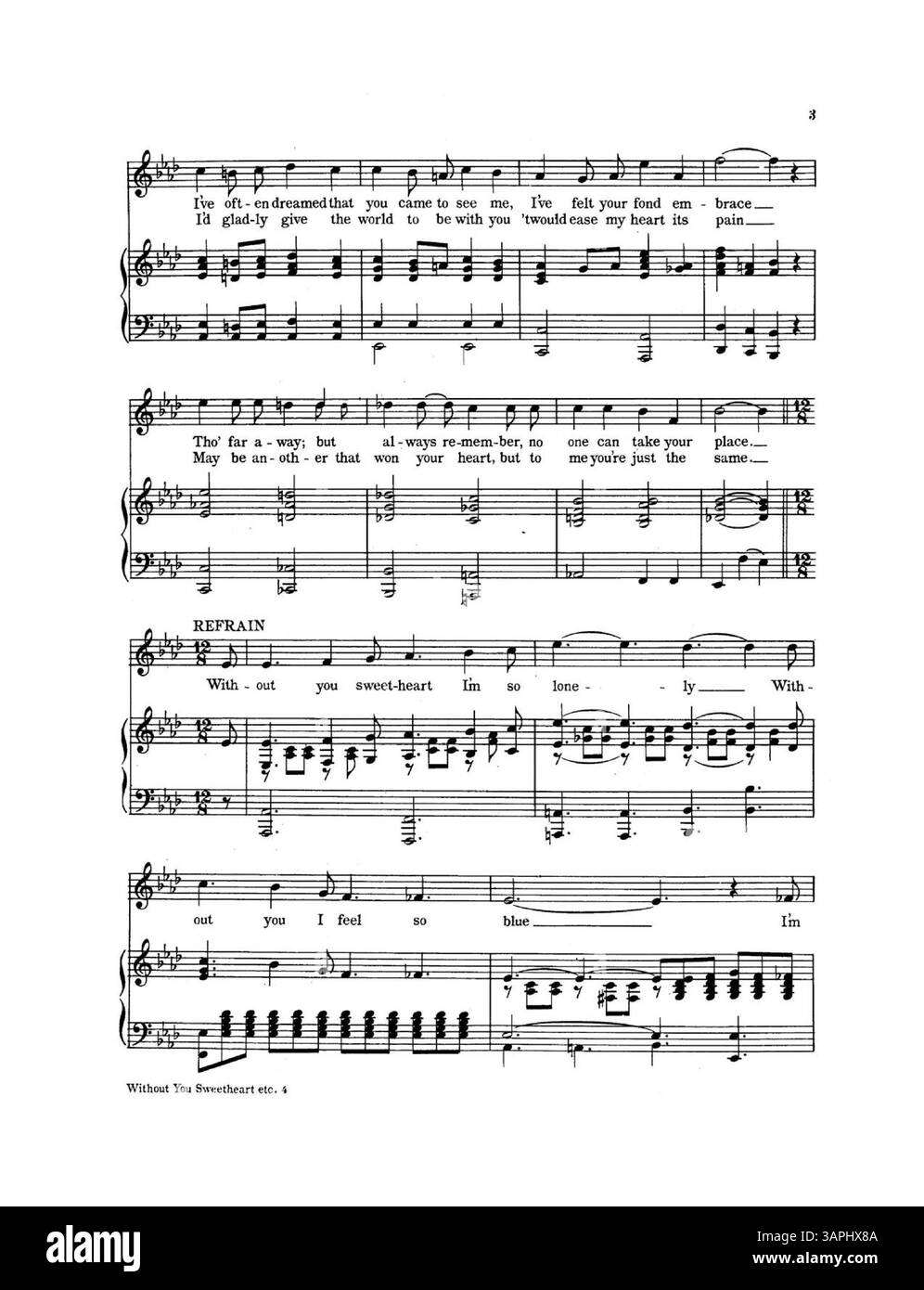 Cette pièce musicale présente un thème mélancolique de solitude. La couverture arrière comprend une publicité pour des chansons de salon et de concert, présentant un design Art Nouveau, un style caractérisé par des lignes fluides et des formes organiques. Banque D'Images