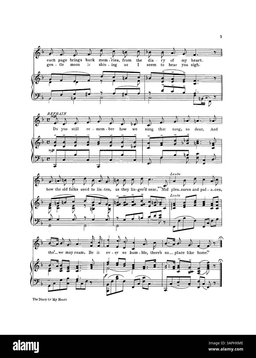 Pochette de partition pour 'Diary of My Heart', dédiée à Madame Schumann Heink, écrite par Mertie Bamber Bergen. Inclut des publicités pour des chansons populaires et des tubes instrumentaux de Jerome H. Remick et un refrain de 'Sunshine and Roses'. Numéro de plaque 7713. Banque D'Images