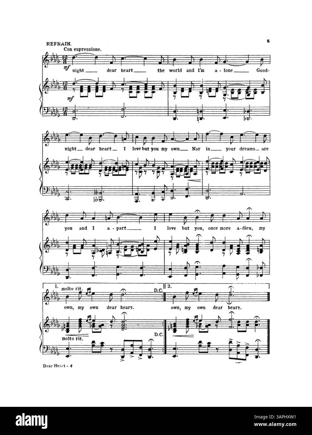Cette reprise représente la chanson Good Night, Dear Heart d'Elizabeth M. Bacon, avec la légende Elizabeth Montrose Bacon. La couverture arrière présente une publicité pour les succès de Broadway sur Columbia Records, produite par Jerome H. Remick & Company. Ce document fait partie de la collection des bibliothèques de l'Université de l'Oregon. Banque D'Images