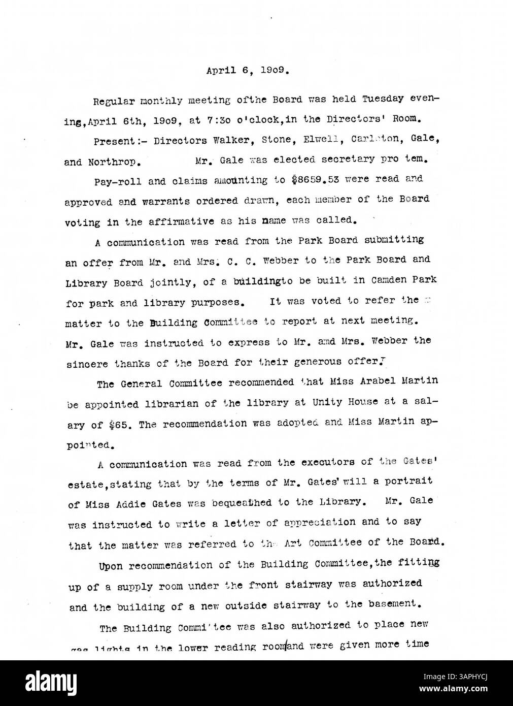 Ces 1909 procès-verbaux de réunion du conseil d'administration de la Bibliothèque publique de Minneapolis documentent les mesures clés sur les services de bibliothèque, les questions financières et les besoins opérationnels du système de bibliothèque au cours de l'année. Banque D'Images Ces 1909 procès-verbaux de réunion du conseil d'administration de la Bibliothèque publique de Minneapolis documentent les mesures clés sur les services de bibliothèque, les questions financières et les besoins opérationnels du système de bibliothèque au cours de l'année. Banque D'Images