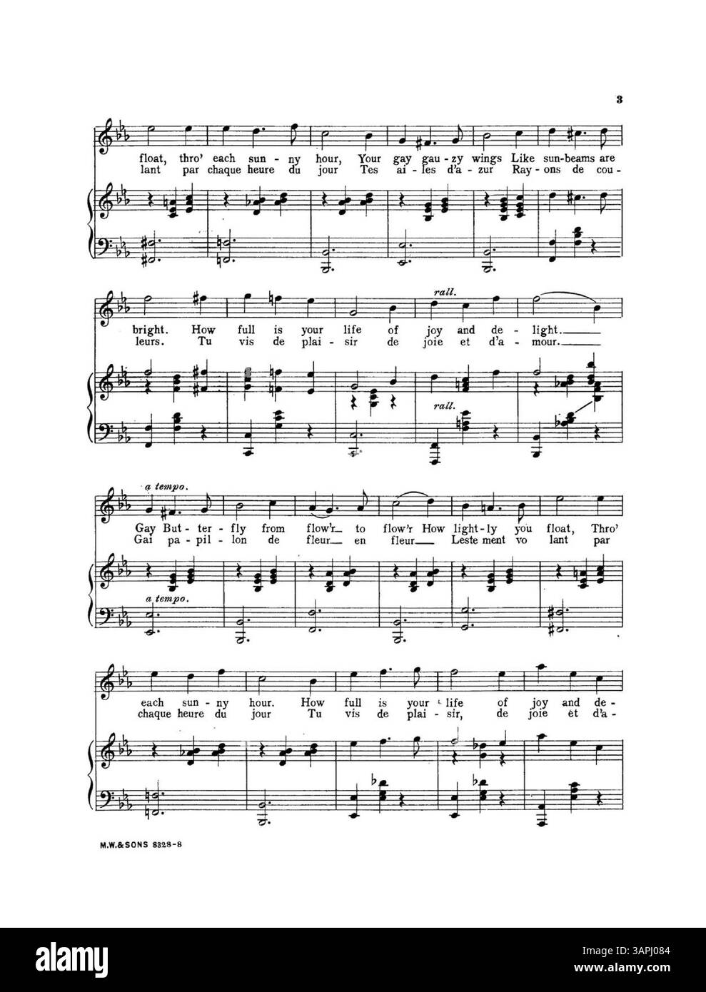 Partition pour 'Gay Butterfly' avec le numéro de plaque 8828. La reprise comprend la chanson The Farrar Waltz Song chantée par Miss Geraldine Farrar. La couverture arrière est une grande publicité pour la chanson Somebody Loves You Dear d'Annie Andros Hawley. La traduction française de Marie Madeleine Suck apparaît à la page 2. Banque D'Images