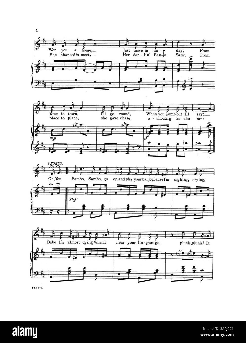 Cette image numérique représente la couverture de 'Sambo Go on and Play Your Banjo', une œuvre musicale avec des paroles de Thomas J. Gray et de la musique de Blossom Seeley. La couverture arrière comprend une publicité pour Valse septembre, une chanson populaire dans les cercles sociaux. La représentation des couleurs peut différer de l'original. Banque D'Images