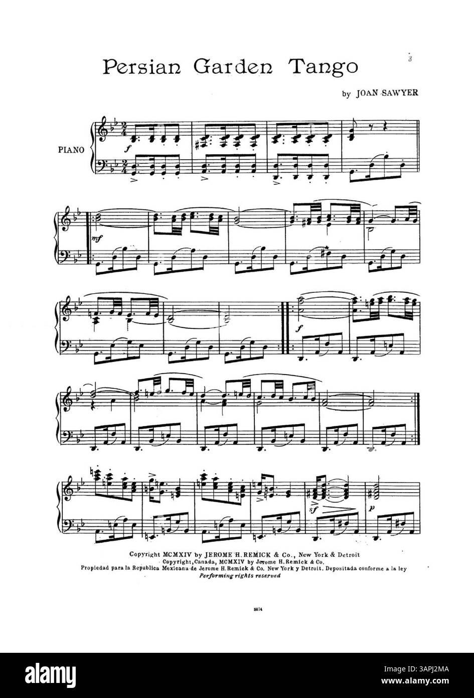 Le 'Persian Garden Tango' présente des publicités de Jerome H. Remick & Co. pour leurs dernières publications. La pochette intérieure comprend un extrait musical de Tango Argentino, tandis que la pochette arrière promeut la chanson Pass the Pickles. Cette publication met en lumière la musique populaire du début du XXe siècle. Banque D'Images