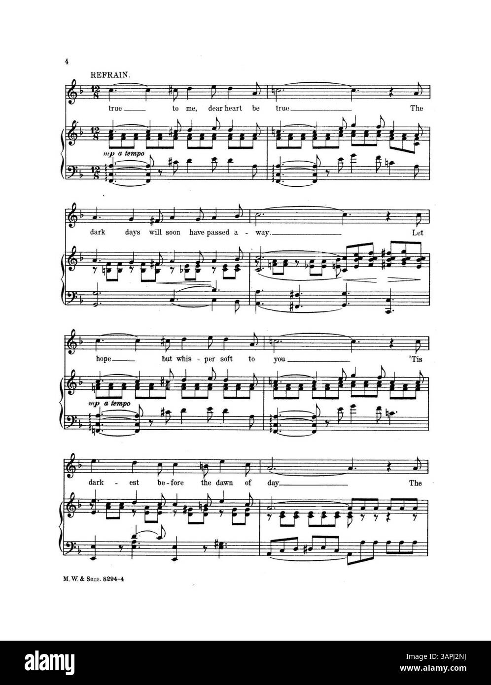 Be True, Dear Heart fait partie de la série Beautiful Songs by Annie Andros Hawley, publiée par M.W. & sons sous le numéro de plaque 8294. La pièce comprend la musique de couverture arrière de 'The Teddy Bears Picnic' de John W. Bratton. Les images numériques peuvent présenter des différences de couleur et les annotations peuvent ne pas être présentes. Pour plus d'informations, Music services peut fournir des annotations. Banque D'Images