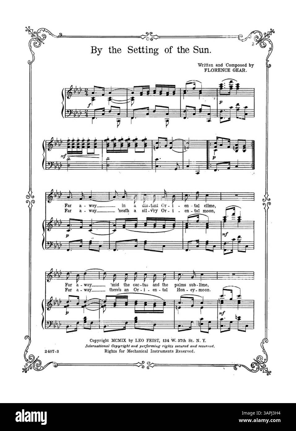 Une reprise musicale de « By the Setting of the Sun », mettant en vedette l'interprétation de Florence Gears chantée dans « Fluffy Ruffles ». Il comprend des extraits musicaux de 'l-O-V-E Spells trouble to me' de Joel P. Corin et Felix F. Feist, avec une couverture arrière montrant un extrait de 'Senora' de Jos. S. Nathan et Felix F. Feist. Banque D'Images
