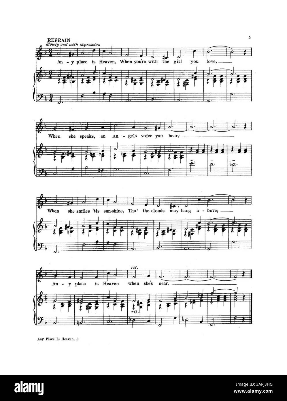 Cette partition populaire en édition comprend la chanson Any place is Heaven When You're with the Girl You Love, écrite par Anita Owen. La couverture arrière énumère les publications de Jerome H. Remick & Co, y compris des reproductions de la couverture et de la page 1 de 'The Moonlight, The Rose, and You'. La couleur de l'image numérique peut différer de l'original. Banque D'Images