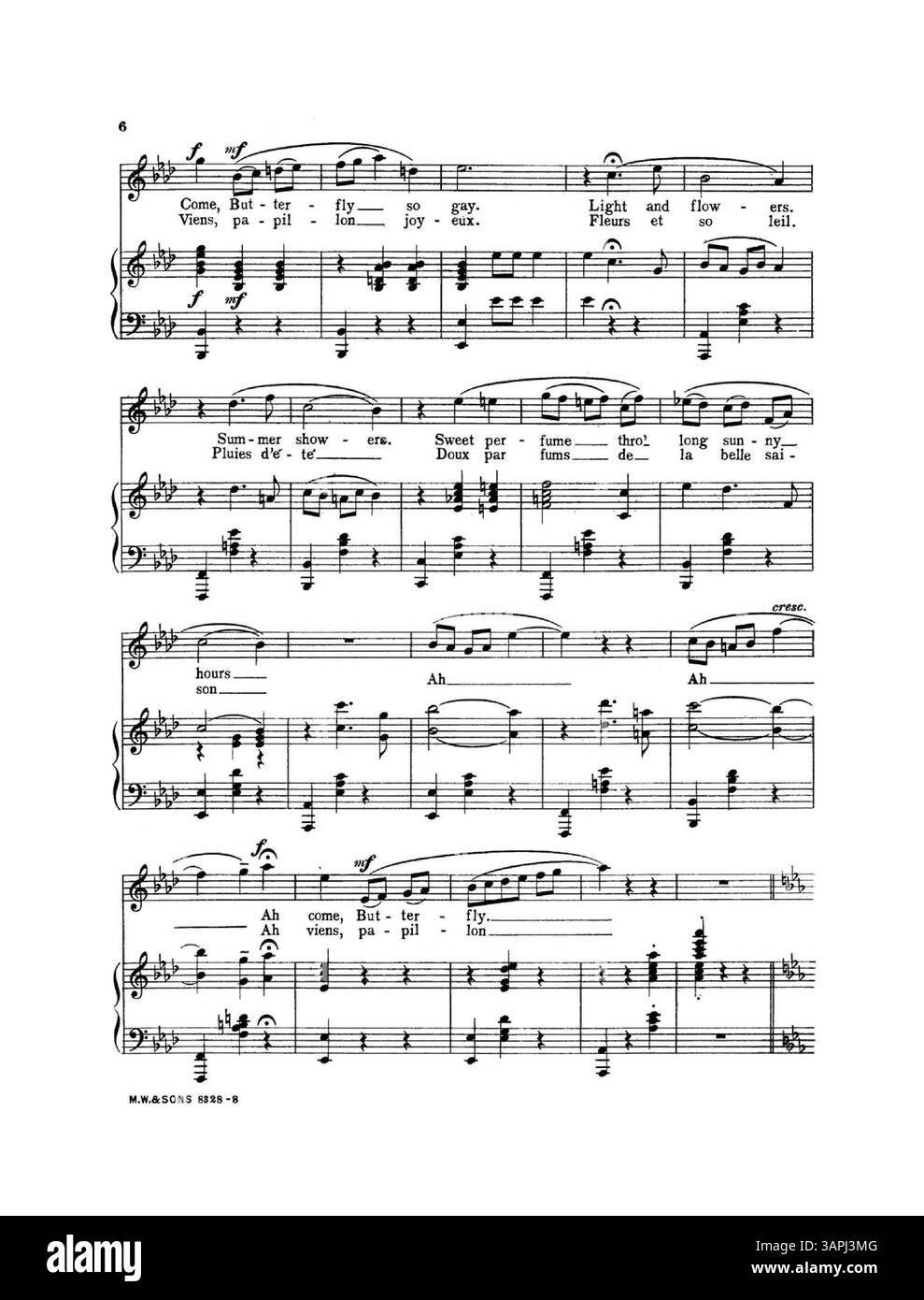 Partition pour 'Gay Butterfly' avec le numéro de plaque 8828. La reprise comprend la chanson The Farrar Waltz Song chantée par Miss Geraldine Farrar. La couverture arrière est une grande publicité pour la chanson Somebody Loves You Dear d'Annie Andros Hawley. La traduction française de Marie Madeleine Suck apparaît à la page 2. Banque D'Images