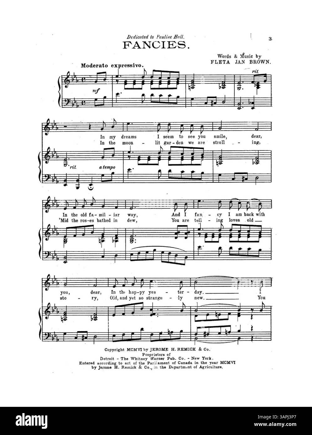 'Fancy' de Fleta Jan Brown est une œuvre musicale qui comprend des publicités pour 'My Irish Molly O' et 'Cheyene (Shy Ann)', avec des pochettes et des extraits musicaux inclus dans les couvertures avant et arrière. Banque D'Images