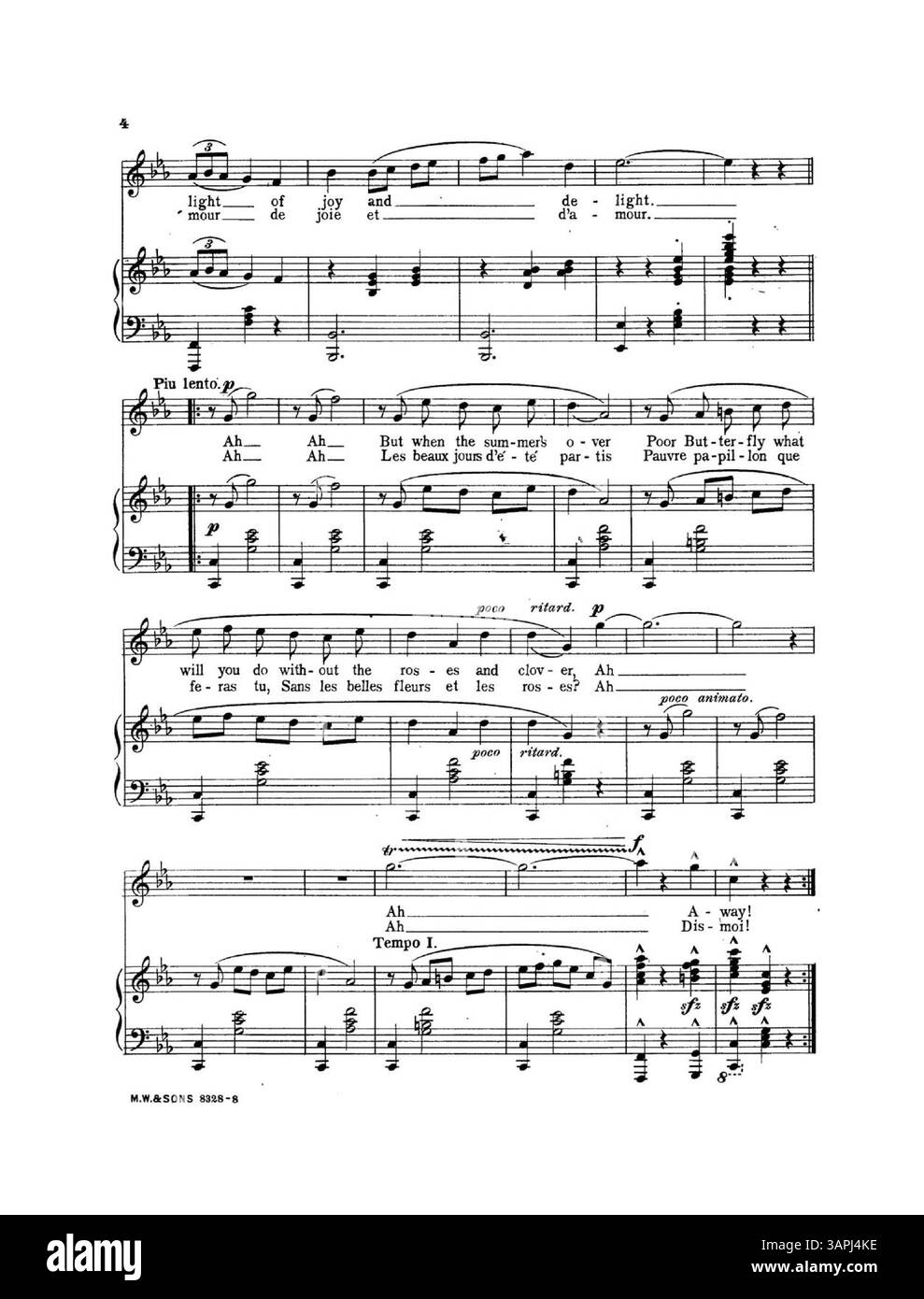 Partition pour 'Gay Butterfly' avec le numéro de plaque 8828. La reprise comprend la chanson The Farrar Waltz Song chantée par Miss Geraldine Farrar. La couverture arrière est une grande publicité pour la chanson Somebody Loves You Dear d'Annie Andros Hawley. La traduction française de Marie Madeleine Suck apparaît à la page 2. Banque D'Images