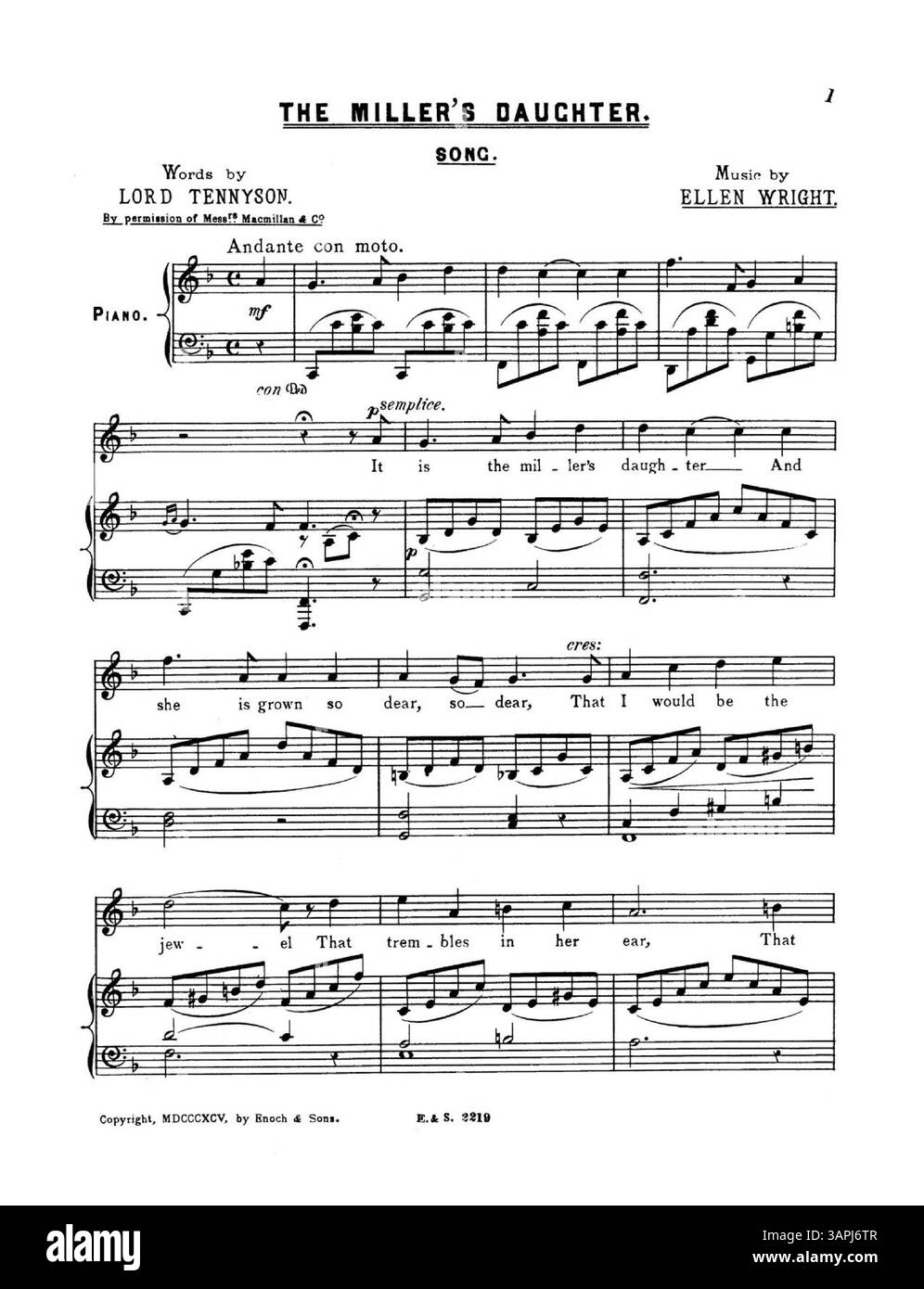 La partition de The Miller's Daughter, chantée par M.R. Charles Chilley, avec des paroles de Lord Tennyson et une musique d'Ellen Wright. La couverture présente des publicités pour de nouvelles chansons et publications, avec des extraits musicaux à l'intérieur. Numéro de plaque : E.&S. 2219. Version 2 en F. la représentation des couleurs dans l'image numérique peut différer de l'original. Banque D'Images