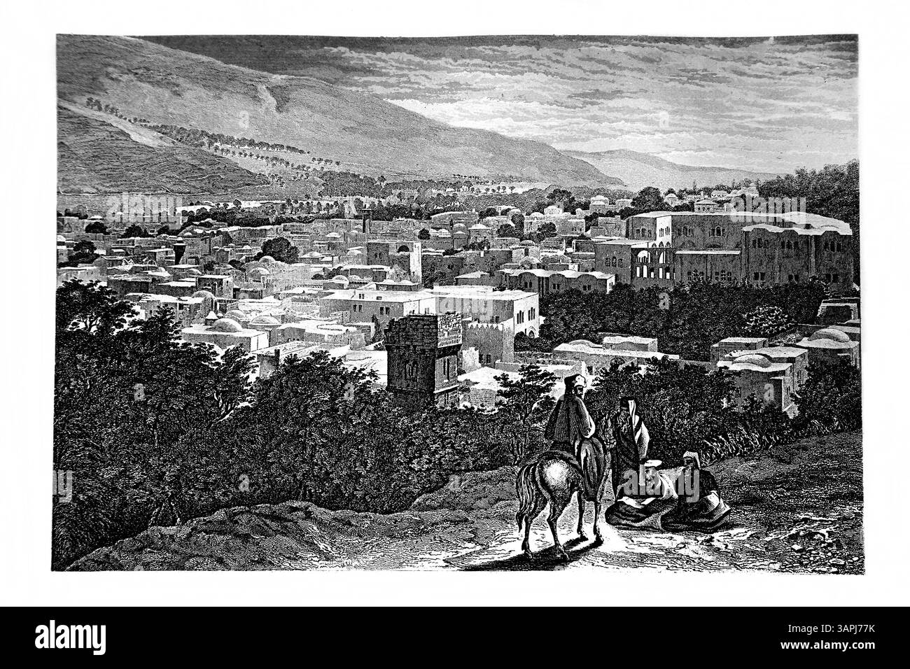 Gravure de la ville biblique de Naplouse (Naplouse) à partir de la Bible de famille pratique et dévotionnelle antique du XIXe siècle publiée par William Collins and sons Banque D'Images