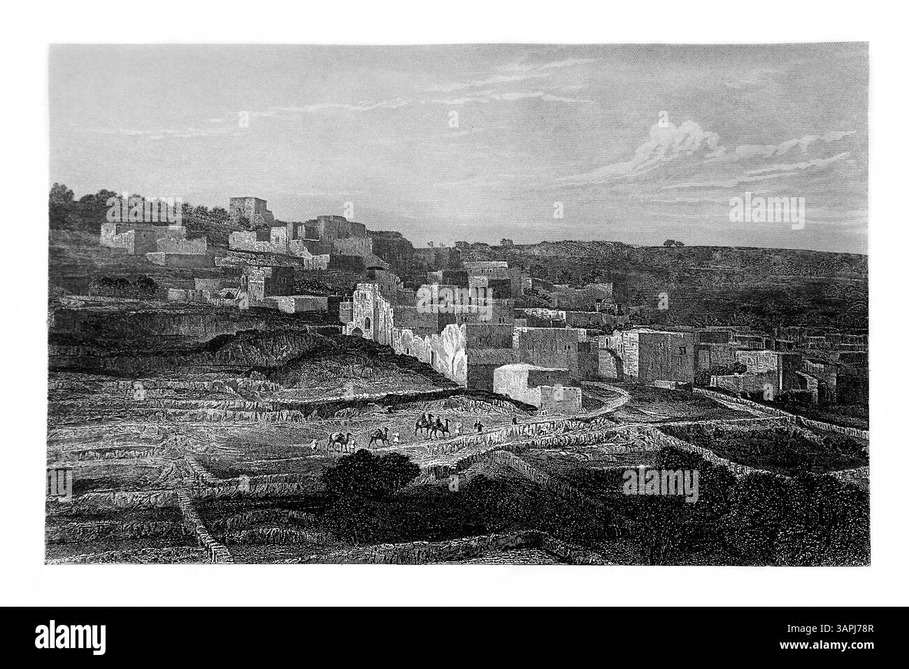 Gravure de la ville biblique Kiriath-Jearim dans les hauts plateaux de Judée lieu de repos temporaire de l'arche de l'Alliance de l'antique 19ème siècle Practic Banque D'Images