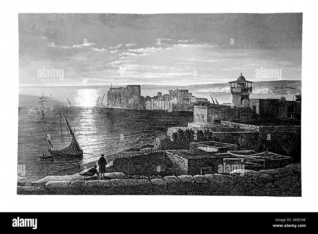 Gravure de la côte de Sidon avec le château des croisés derrière Un lieu biblique où Jésus-Christ a visité de l'antique 19ème siècle pratique et dévot Banque D'Images
