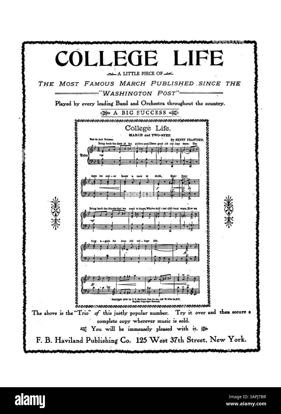 Sunny Smiles est un morceau de danse en deux étapes, avec des publicités à l'intérieur et à l'arrière des couvertures promouvant des chansons comme College Life et Arrah Wanna. La partition comprend également des annonces pour Haviland's Dance Folio No. 1 et No. 2. Banque D'Images