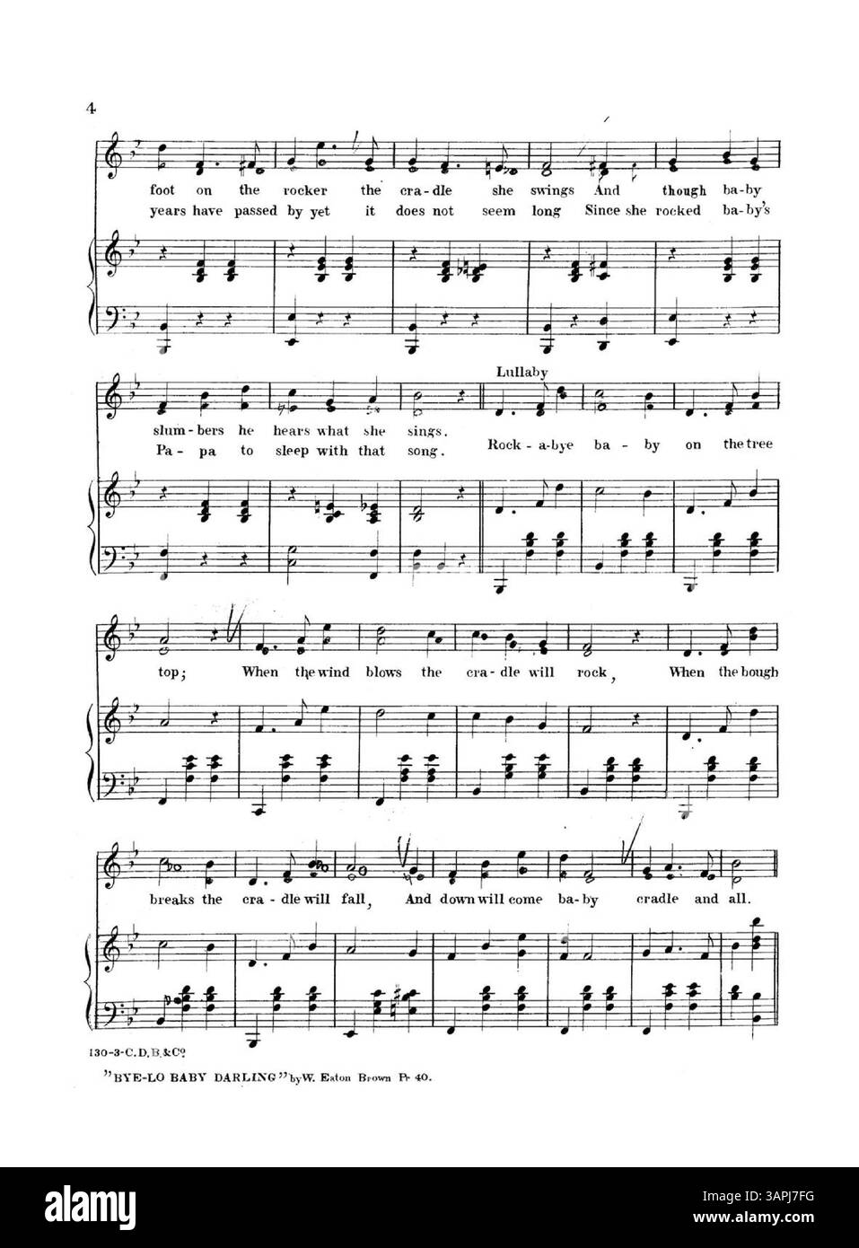 Cette édition de *Rock-a-bye Baby*, avec transcription par D.H. Fitzgibbon, comprend des extraits musicaux et des publicités pour 'Bye-Lo Baby Darling' et 'Whisper Softly, Baby Sleeps'. Numéro de plaque 130. Banque D'Images