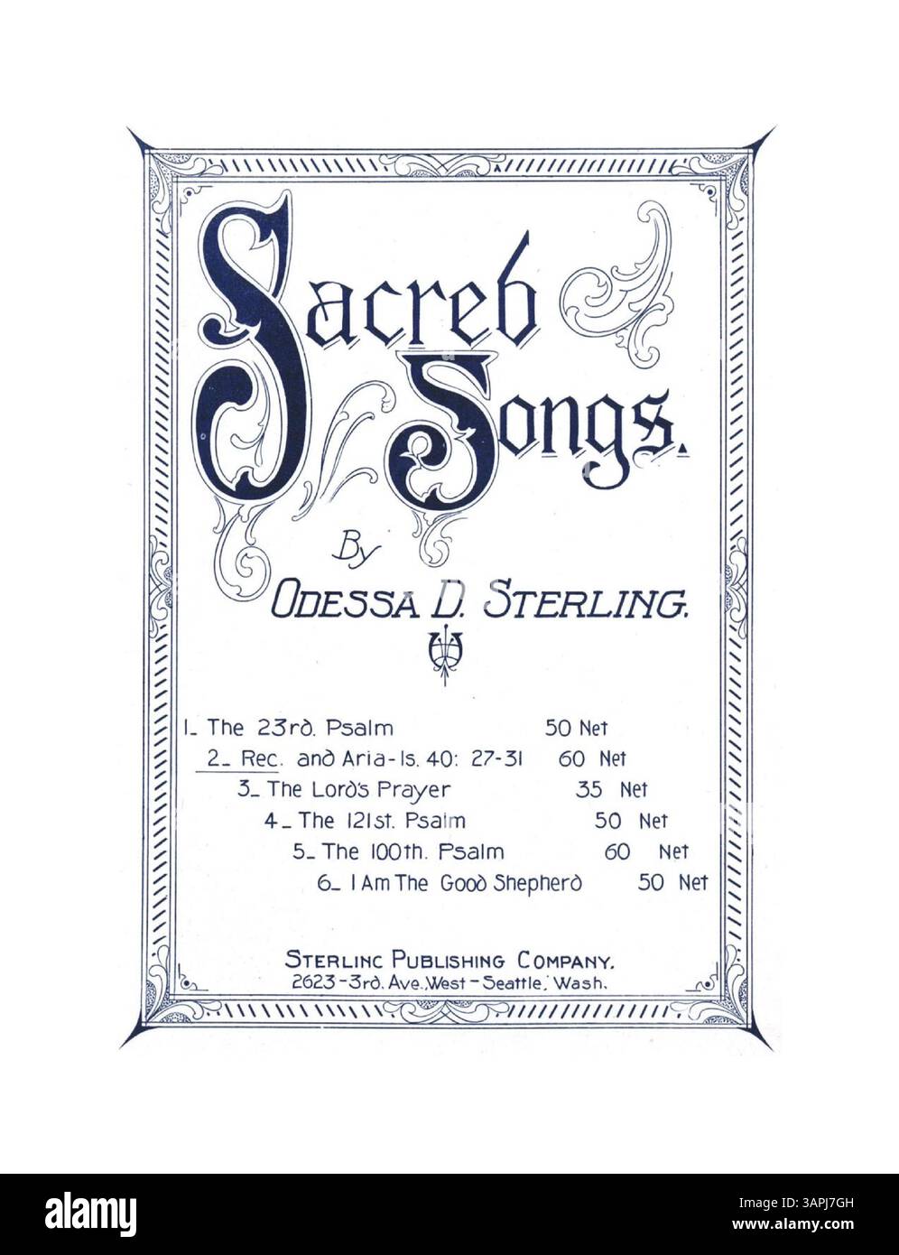 La reprise comprend Sacred Songs d'Odessa D. Sterling, y compris des compositions basées sur des psaumes et des prières. La quatrième de couverture recense des extraits musicaux de textes sacrés bien connus tels que le 23e Psaume, la prière du Seigneur et le 121e Psaume. Banque D'Images