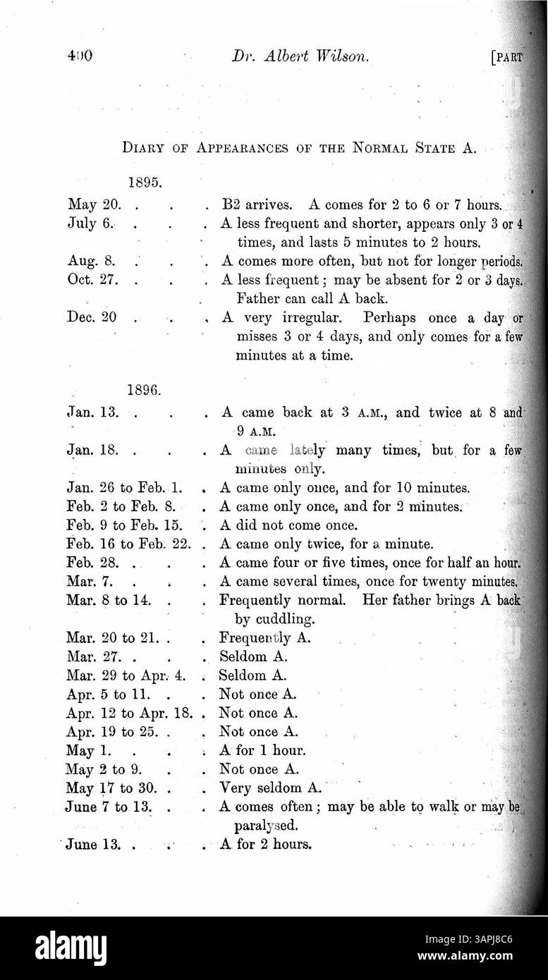 Cet article examine Mary Barnes, qui, après une maladie à l’âge de 12 ans en 1894, a développé 10 personnalités distinctes, dont une sourde, une aveugle et une paralysée. Dr Wilson offre un compte rendu détaillé des personnalités, de leur apparition et de leurs dates de départ, et comprend des lettres écrites par les personnalités, ainsi qu'un aperçu du système nerveux. Banque D'Images