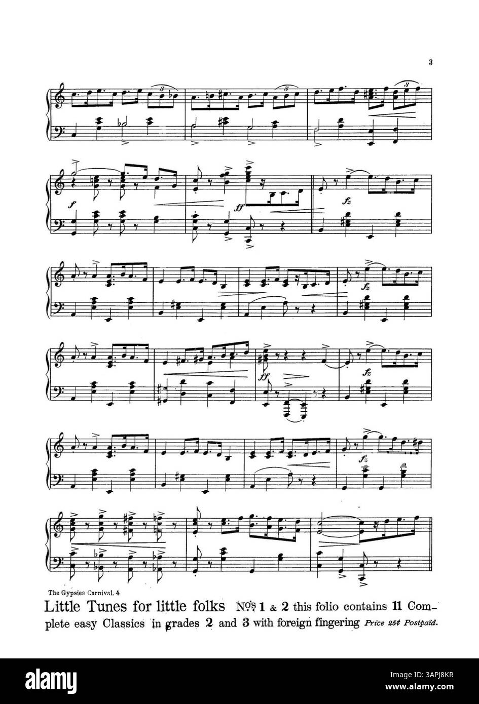 Cette couverture de 'The Gypsies Carnival' présente une illustration de danse de grange, avec des compositions de Paulina B. Story, y compris 'Dance of the Frowsy Heads'. À l'intérieur, des publicités mettent en valeur diverses collections musicales et partitions de F.B. Haviland Pub. Code La couverture arrière présente des extraits musicaux des chansons de Henry Frantzen, Society Swing et Flashing Eyes. Banque D'Images