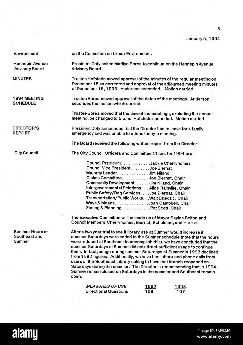 Les procès-verbaux des réunions du conseil d'administration de la Bibliothèque publique de Minneapolis en 1994 offrent un compte rendu détaillé des décisions et des activités de gouvernance du conseil pour l'année. Banque D'Images