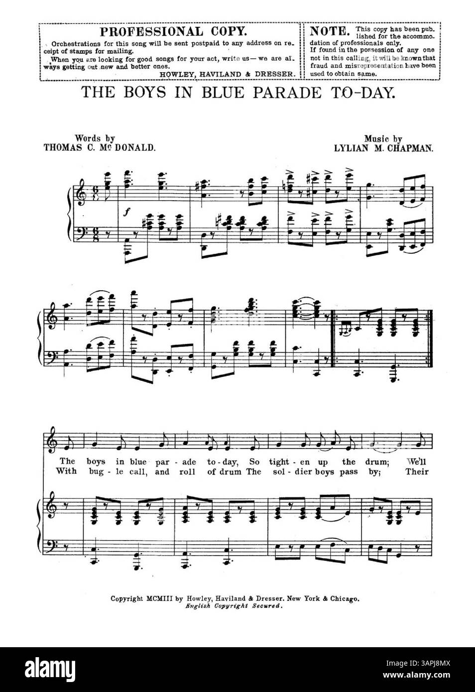 Cette pochette de partition, intitulée « The boys in Blue parade to day », est tirée d'une copie professionnelle disponible aux bibliothèques de l'Université de l'Oregon. La première page présente le titre et les détails de la chanson. Banque D'Images