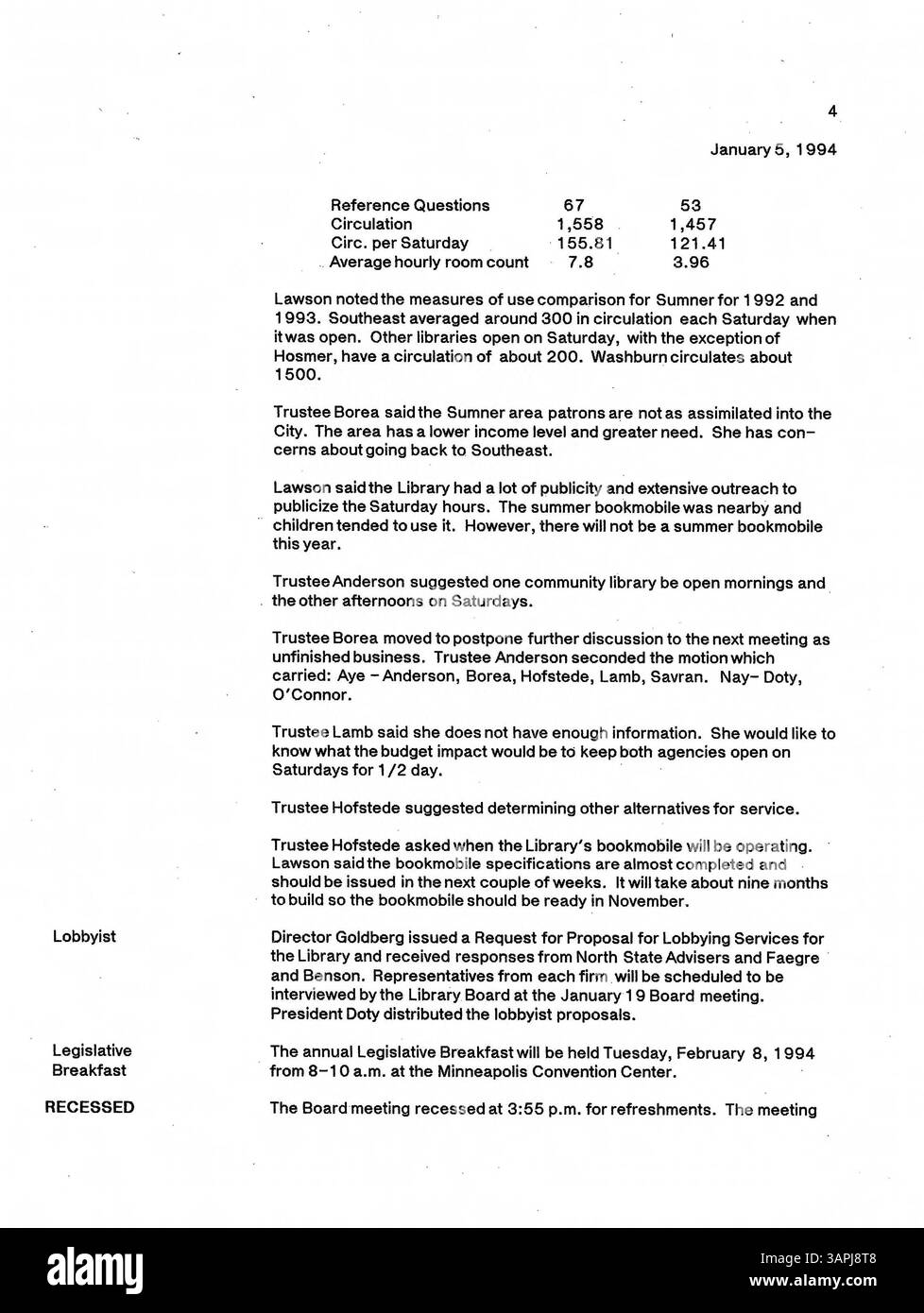 Ce document enregistre les réunions du conseil d'administration de la Bibliothèque publique de Minneapolis de 1994, détaillant les décisions, les actions et les discussions du conseil pour cette année. Banque D'Images