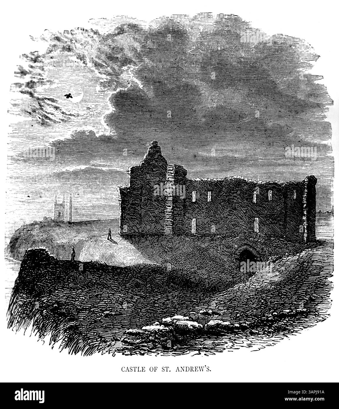 Illustration des ruines du château de St Andrews Fife Écosse où M. George Wishart a été brûlé sur le bûcher de l'Antique l'édition 1866 de Foxe' Banque D'Images