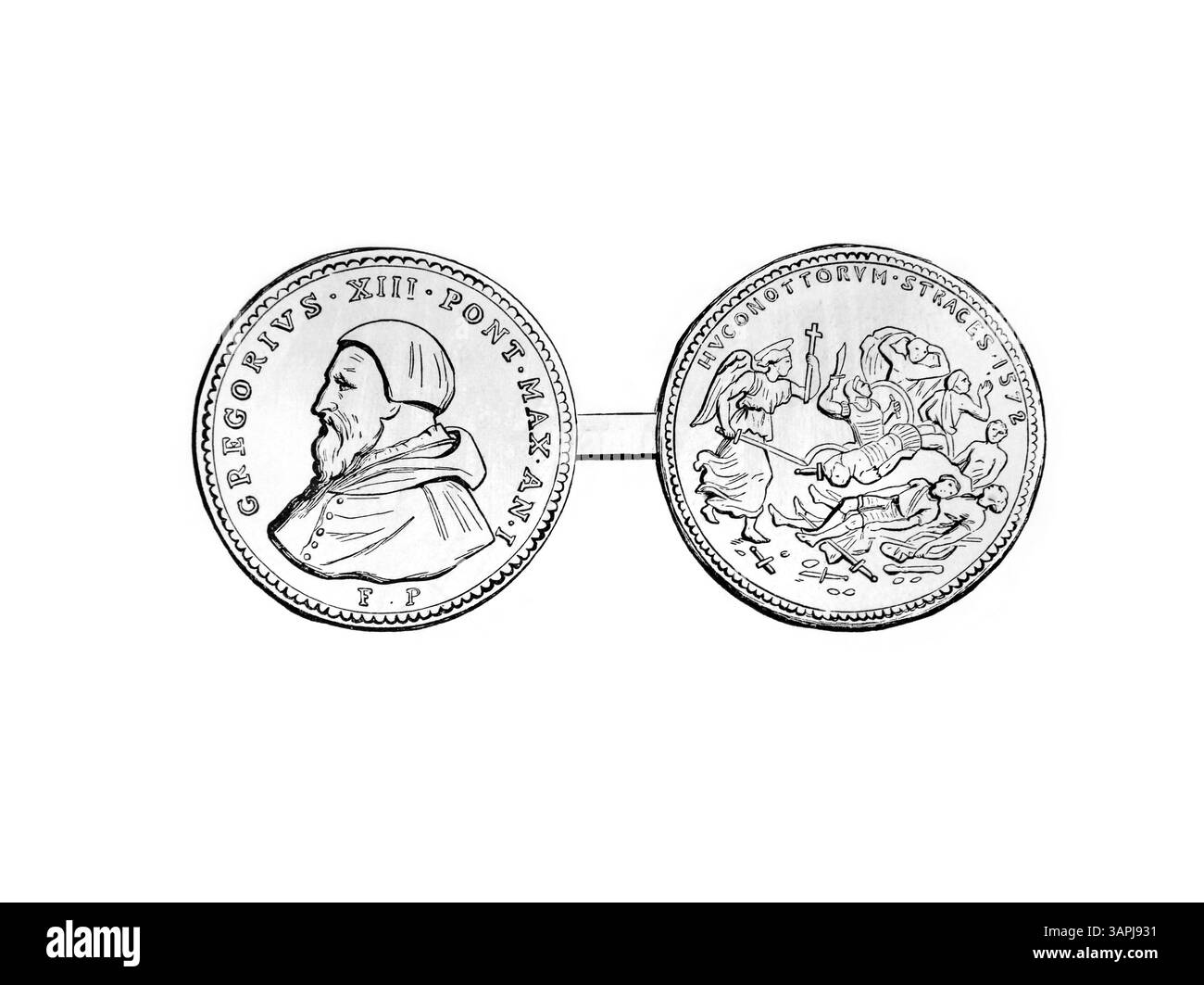 Illustration d'une pièce du XVIIe/XVIIIe siècle représentant le pape Grégoire XIII (1572-1585) et le massacre de la Saint-Barthélemy de 1572 Antique l'édition 1866 Banque D'Images