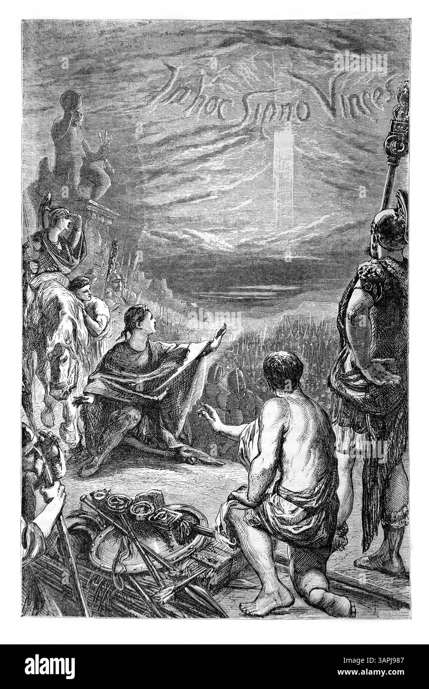 Illustration de Constantin le Grand après avoir levé une armée de 30 000 hommes, il marcha vers Rome contre l'empereur Maxence, il pria Dieu et le Seigneur Banque D'Images