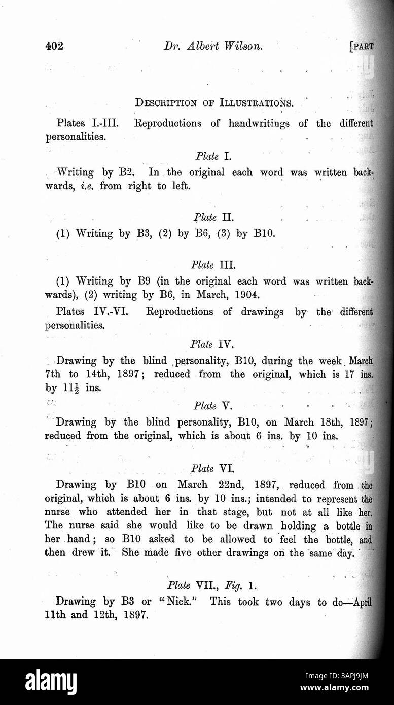 Cet article décrit Mary Barnes, qui a développé 10 personnalités distinctes après une maladie à l’âge de 12 ans en 1894. Une personnalité était sourde, une autre aveugle et une autre paralysée. Dr Wilson offre un aperçu détaillé des traits et des changements de chaque personnalité, ainsi qu’un bref aperçu du système nerveux et des lettres des différentes personnalités de Marie. Banque D'Images