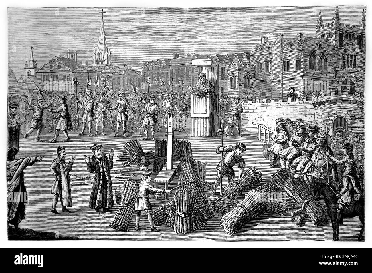 Un fac-similé d'une ancienne édition folio plate du Livre des Martyrs de Foxe d'une vue étendue de la place du martyre des évêques Nicholas Ridley et Banque D'Images