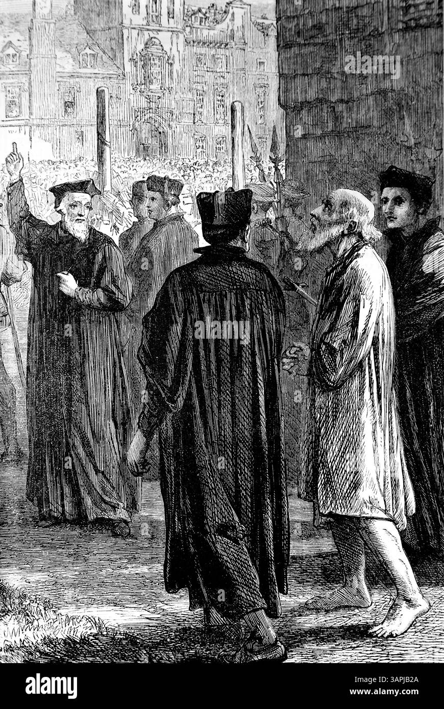 Illustration des évêques Hugh Latimer et Nicholas Ridley amenés sur le lieu de leur martyre à l'extérieur du Baliol College Oxford le 16 octobre Banque D'Images