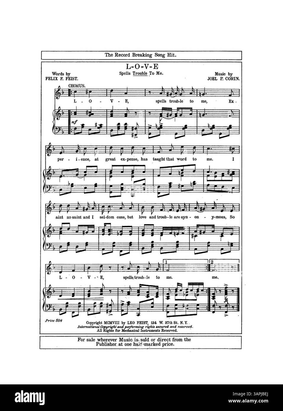Une reprise musicale de « By the Setting of the Sun », mettant en vedette l'interprétation de Florence Gears chantée dans « Fluffy Ruffles ». Il comprend des extraits musicaux de 'l-O-V-E Spells trouble to me' de Joel P. Corin et Felix F. Feist, avec une couverture arrière montrant un extrait de 'Senora' de Jos. S. Nathan et Felix F. Feist. Banque D'Images