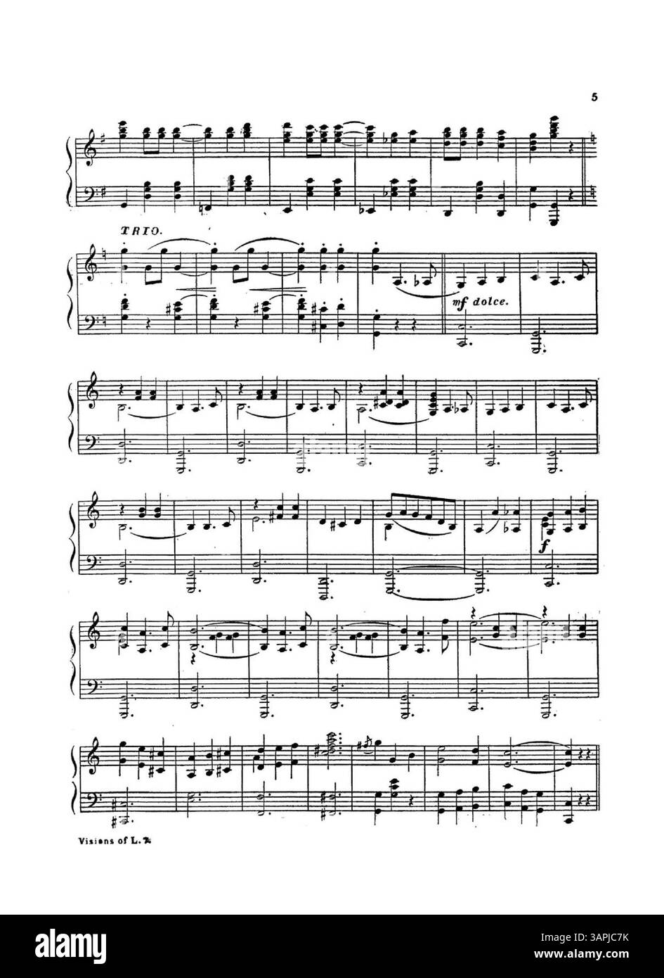 « Visions of Love Waltzes » comprend des publicités pour « Flowerland » de Sara B. Egan et « Love's consolation » de Geo. L. Spaulding. La couverture intérieure présente l'extrait de Flowerland, et la couverture arrière présente Love's consolation. IDA G. Bierman est également mentionnée. Banque D'Images