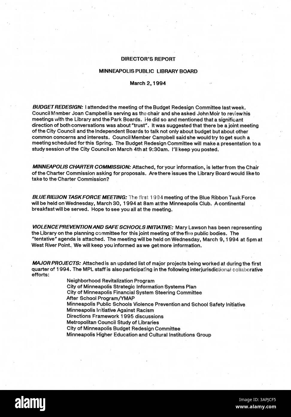 Les procès-verbaux des réunions du conseil d'administration de la Bibliothèque publique de Minneapolis de 1994 documentent les décisions et les discussions sur la gouvernance et l'administration des services de bibliothèque pour cette année-là. Banque D'Images