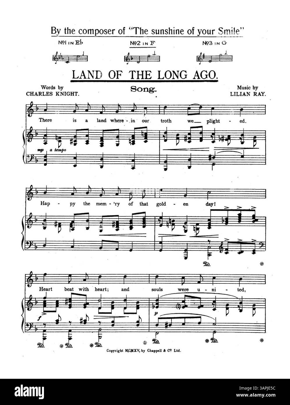 Une composition musicale avec des paroles de Teresa Strickland et de la musique de Lily Strickland. Cette version en E-bémol a été composée en dédicace à Reed Miller. La publication comprend d'autres publicités musicales, telles que Love's Garden of Roses et Land of the long Ago, ainsi que des descriptions d'autres œuvres comme Songs of the Southern Isles. L'image numérique peut présenter des différences de couleur par rapport à l'original. Banque D'Images