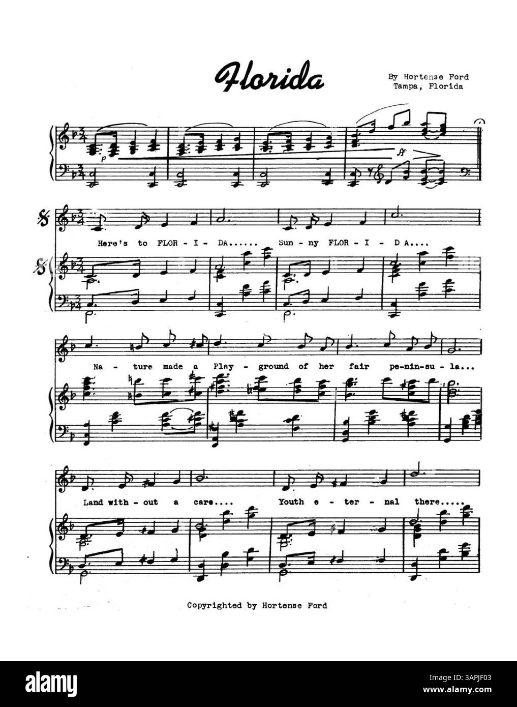 Cette composition musicale intitulée 'Florida' comprend une partition manuscrite avec des mots dactylographiés. La couleur de l'image numérique peut différer considérablement de l'original. Banque D'Images Cette composition musicale intitulée 'Florida' comprend une partition manuscrite avec des mots dactylographiés. La couleur de l'image numérique peut différer considérablement de l'original. Banque D'Images