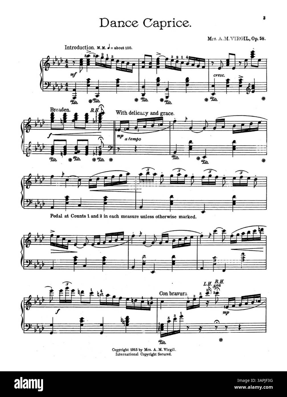 'Dance Caprice, Op. 58' de Mrs. A.M. Virgil est répertorié comme une nouvelle composition pour piano. La couverture arrière promeut l'école de piano Virgil et sa méthode, ainsi que d'autres publications. La couleur de l'image numérique peut différer de l'original. Banque D'Images