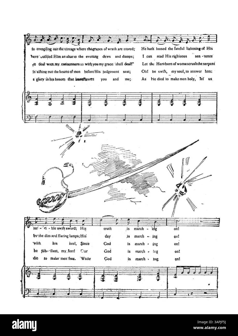 Le 'hymne de bataille de la République' est répertorié comme supplément au Sunday examiner, daté du 1er mai 1898. La première page présente le titre de la chanson entouré de petits dessins d'étoiles, tandis que la deuxième page comprend un croquis d'une épée et du soleil. Cette pièce historique reflète des thèmes patriotiques de la fin du XIXe siècle. Banque D'Images