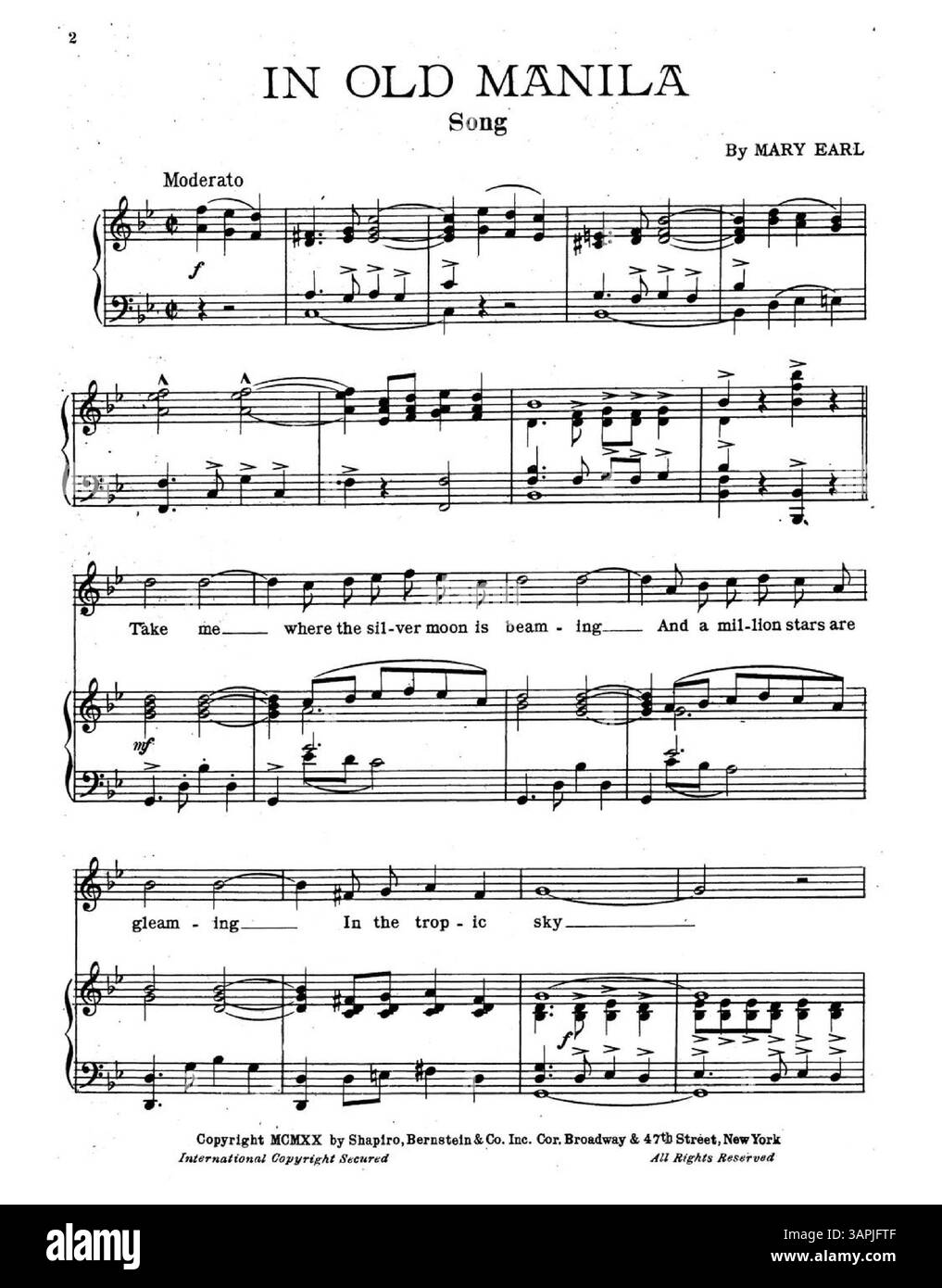 Ce deuxième exemplaire de 'In Old Manila' présente les mêmes publicités et extraits musicaux que ceux trouvés dans le premier exemplaire. La partition vintage continue de capturer la culture musicale et les réalisations théâtrales de l’époque. Banque D'Images