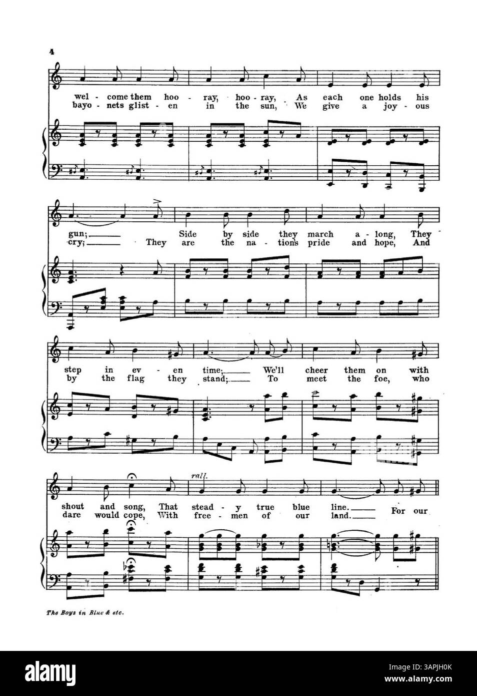 La troisième édition de 'The boys in Blue parade to day', avec les mêmes détails que les versions précédentes, tenue par les bibliothèques de l'Université de l'Oregon. La première page comprend le titre de la chanson et les détails de la performance. Banque D'Images