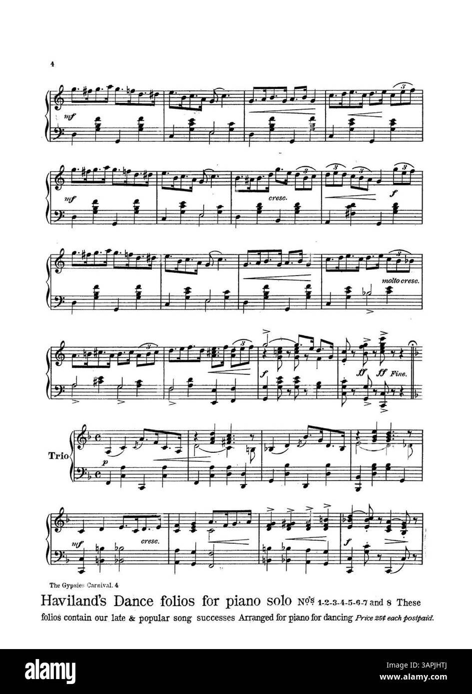 La couverture de 'Gypsies Carnival' présente un thème de danse de grange dynamique, avec la composition 'Dance of the Frowsy Heads' de Paulina B. Story. L'intérieur contient des publicités pour 'Little Tunes for Little Folks' et 'Haviland's Dance folios', tandis que la couverture arrière présente des extraits musicaux imprimés en rouge de 'Society Swing' et 'Flashing Eyes' de Henry Frantzen. Banque D'Images